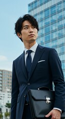 Confident Young Male Executive Holding Briefcase with Modern Skyscrapers in the Background