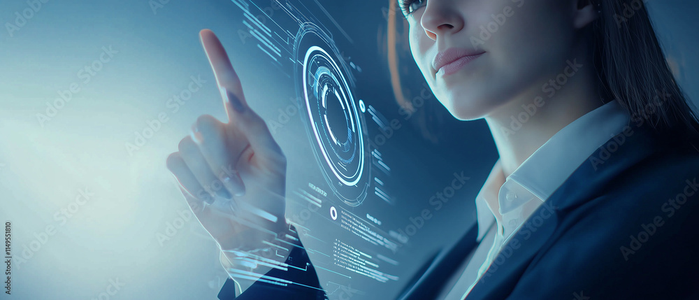 Aufkleber businesswoman interacts with futuristic digital interface, showcasing innovation and technology in professional setting. glowing holographic display highlights advanced data visualization