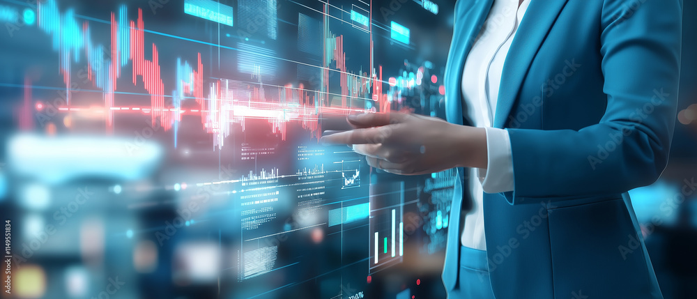 Poster business professional in blue suit interacts with futuristic digital interface displaying financial 