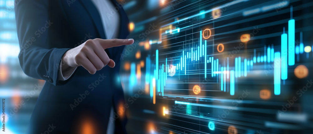 Poster business professional interacts with futuristic digital interface displaying data analytics, graphs, and glowing elements, symbolizing technology and innovation in finance or business
