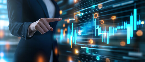 Fototapeta premium business professional interacts with futuristic digital interface displaying data analytics, graphs, and glowing elements, symbolizing technology and innovation in finance or business