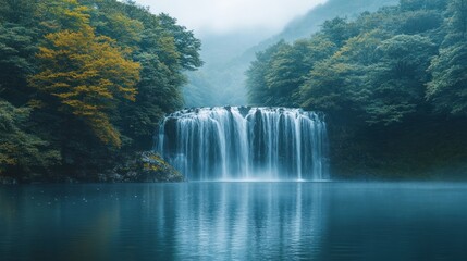 Fototapeta premium Serene waterfall flows into misty lake.