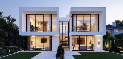 Exterior view of a contemporary villa featuring glass windows and sleek white walls.