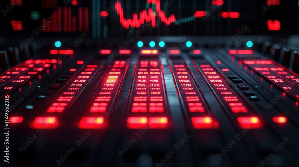 Poster red illuminated control panel with stock market data display.