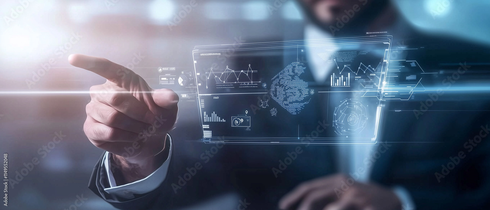 Poster businessman interacts with futuristic digital interface displaying data analytics, graphs, and artificial intelligence elements, symbolizing innovation and technology in business