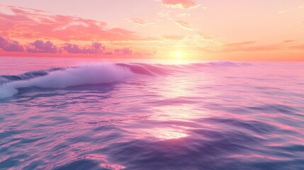 Pink sunset over calm ocean waves.