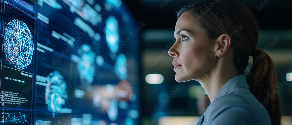 Poster focused woman analyzing data on futuristic digital interface, showcasing innovation and technology i