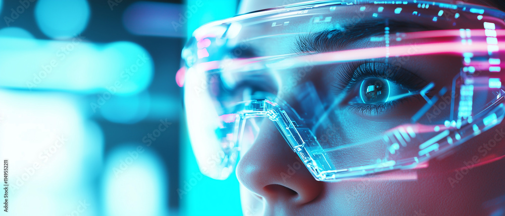 Poster close up of woman wearing futuristic augmented reality glasses, analyzing digital data with focused 