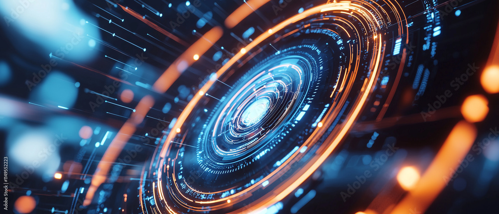 Aufkleber Futuristic digital interface with glowing blue and orange circular patterns, representing advanced technology and innovation in virtual space