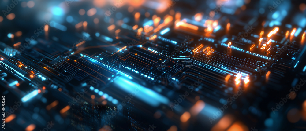 Poster close up view of glowing circuit board with blue and orange lights, showcasing intricate electronic 