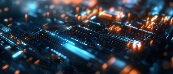 Obraz premium close up view of glowing circuit board with blue and orange lights, showcasing intricate electronic pathways and futuristic technology