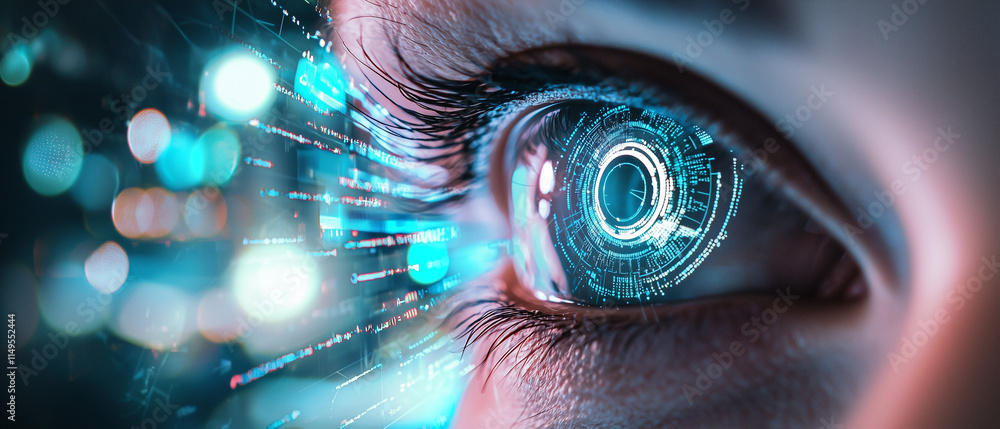 Aufkleber close up of human eye with futuristic digital elements, symbolizing artificial intelligence, technol