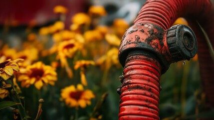 Red Hose and Yellow Flowers: A Vibrant Garden Scene