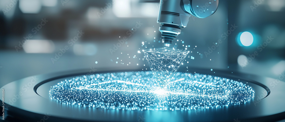 Poster Close up of robotic arm creating holographic 3D model on futuristic interface, showcasing advanced technology and innovation in digital design and engineering