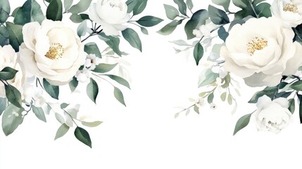 Watercolor - illustration with green gold leaves, white flowers, rose, peony and branches, for wedding stationary, greetings, wallpapers, fashion, backgrounds, wrappers, cards.