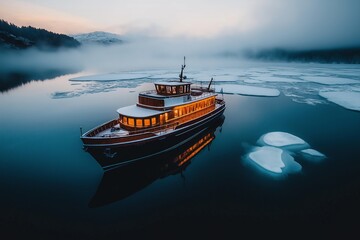 Fototapeta premium A boat rests on a tranquil waterway, surrounded by patches of ice as a frozen river melting signals the arrival of spring and the beauty of nature's thaw.