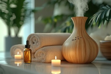 Cozy Spa Setting with Aroma Diffuser and Towels