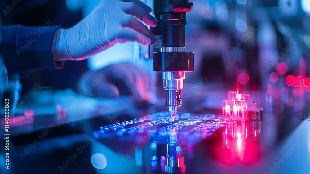 Poster close up of scientist calibrating advanced laboratory equipment under blue and red lighting, showcas