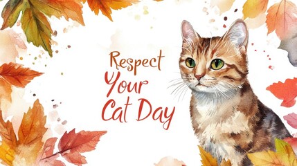 Respect Your Cat Day Respect your cat day with watercolor cat and autumn leaves design for cards and posters