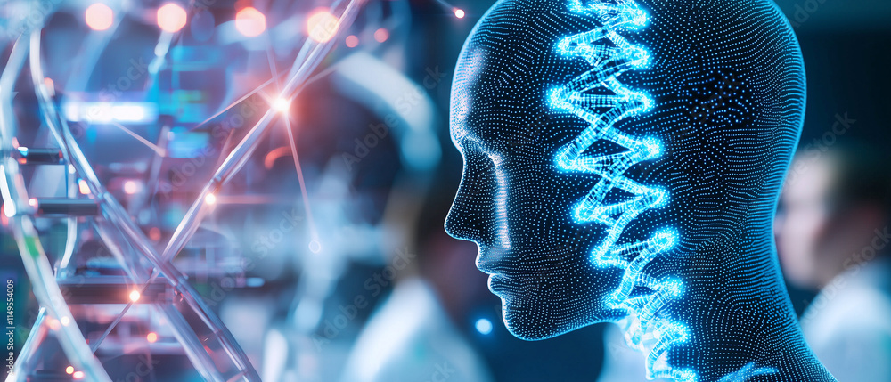 Aufkleber futuristic depiction of artificial intelligence analyzing dna, with glowing digital human head and d