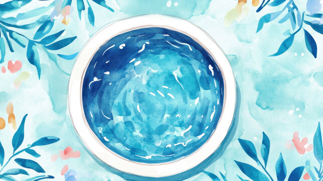 Abstract watercolor painting of blue circular pool with floral accents in nature scene National Hot Tub Day