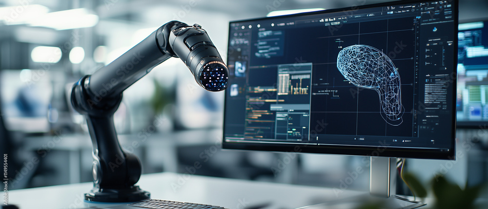 Poster robotic arm operates with precision in modern lab, analyzing 3D brain model displayed on computer screen, showcasing advanced AI and engineering technology