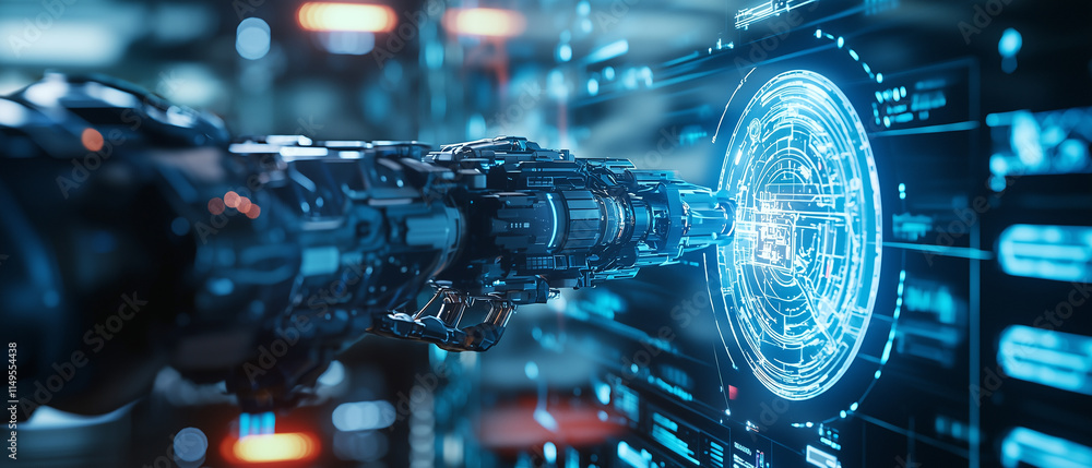 Leinwandbilder robotic arm interacts with futuristic digital interface, showcasing precision and advanced technology in high tech environment with glowing holographic elements