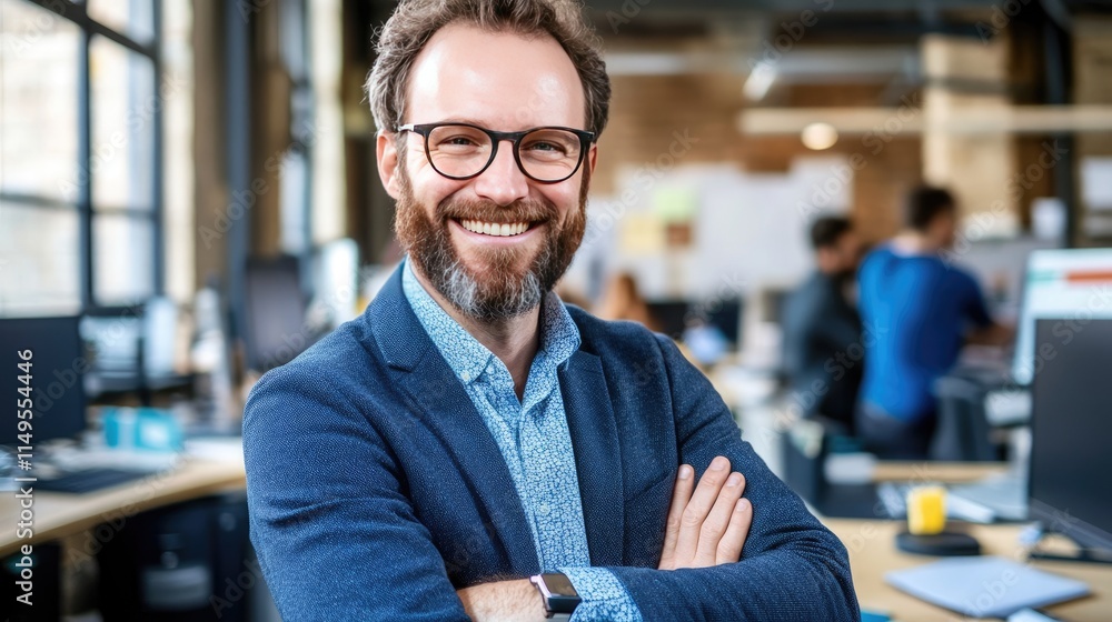 Poster businessman in formal attire confidently posing in a modern office with open workspaces and stylish 