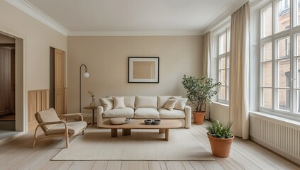 Light-filled living room with beige sofa, wooden furniture, and plants.