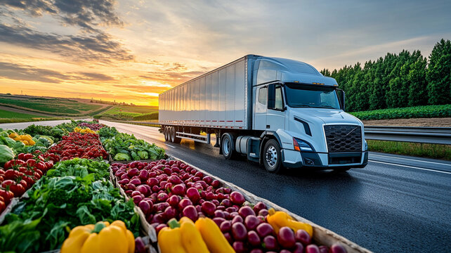 Fresh produce delivery truck traveling along highway during sunset in rural area. 