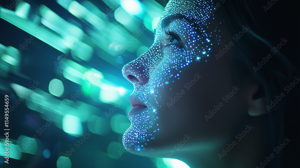 Poster woman gazes upward in futuristic setting, her face illuminated by glowing blue digital patterns, sym
