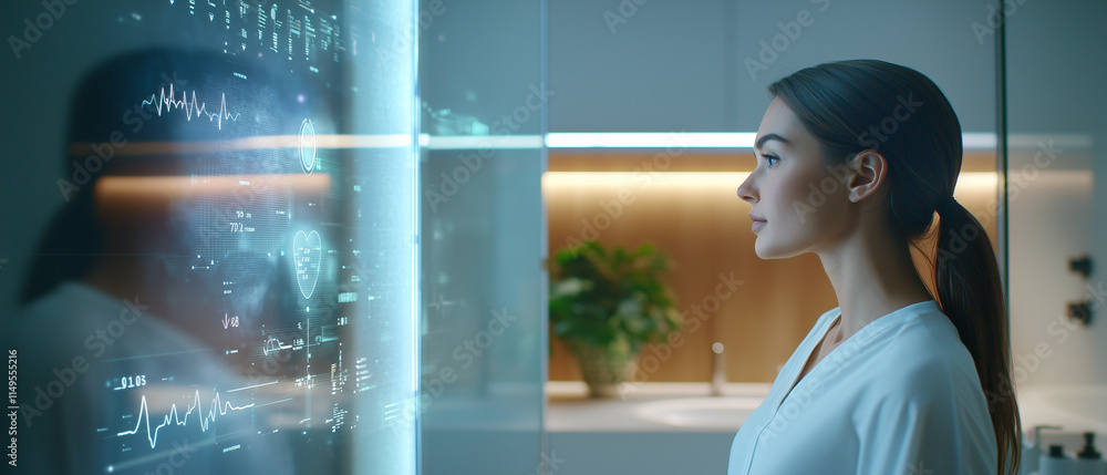 Poster woman interacts with futuristic smart mirror displaying health data and analytics in modern, well li