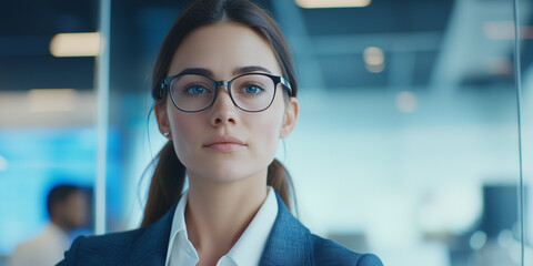 Fototapeta premium confident woman wearing glasses and business suit stands in modern office environment, exuding professionalism and focus. background features blurred workspace with soft lighting