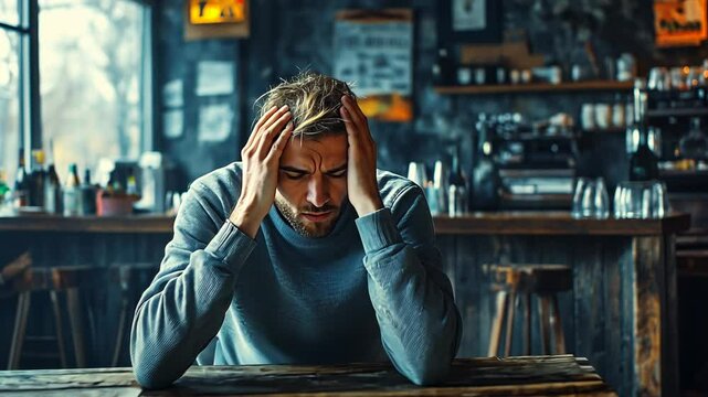Stressed Person in a Coffee Shop with Papers and Natural Light