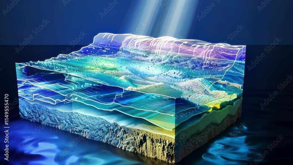 Poster light beams illuminate a transparent cube showcasing layers of colorful data, creating a futuristic 