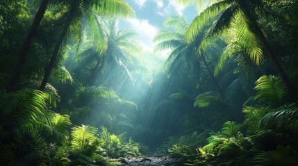 Lush tropical jungle, sunlit stream.