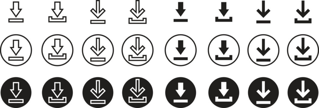 Set of Download flat and line icons. install symbols. Upload buttons. Load symbols. Software download arrows. Save buttons. Download files, applications, documents pictogram on transparent background.