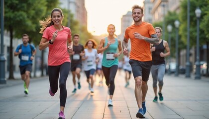Energetic runners participating in a city marathon at sunrise, showcasing teamwork and fitness