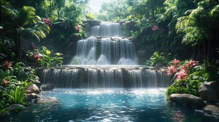 Serene jungle waterfall cascades into pool.