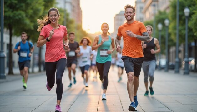 Energetic runners participating in a city marathon at sunrise, showcasing teamwork and fitness
