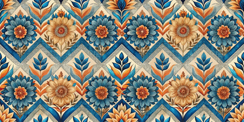 Beautiful floral pattern featuring vibrant blue and orange flowers on a cream background.