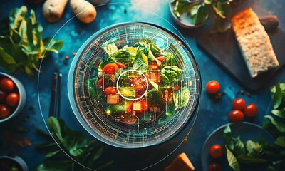 Futuristic Digital Overlay on a Fresh Salad Bowl, High-Tech Food Concept - Powered by Adobe