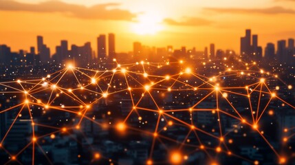 Digital Network Over City Skyline at Sunset
