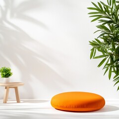 Serene indoor relaxation space with orange cushion and green plant in minimalist design