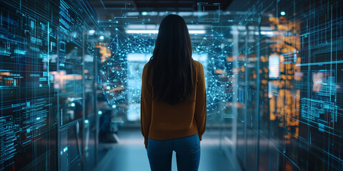 woman stands in futuristic digital environment, surrounded by glowing holographic data and interconnected networks, symbolizing technology and innovation