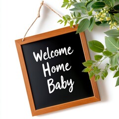 Celebratory welcome home baby sign cozy home decorative image warm atmosphere close-up perspective