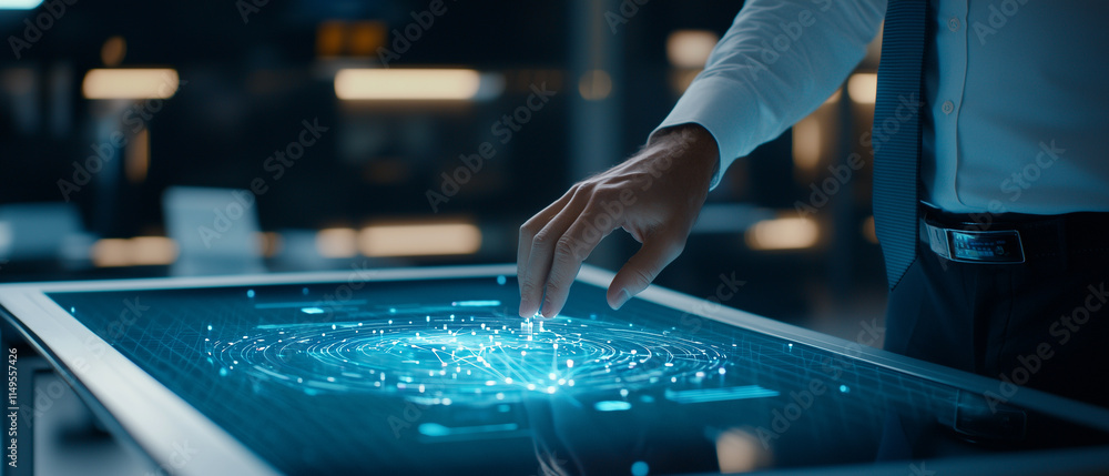 Poster man interacts with futuristic touchscreen interface displaying glowing digital network in modern office setting, symbolizing advanced technology and innovation