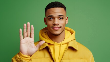 Smiling Man Showing Five Fingers Against Green Background