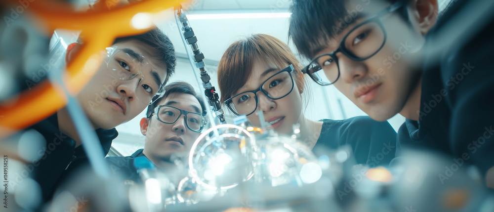 Poster group of engineers collaborates on high tech project, focusing intently on intricate machinery in laboratory setting. scene conveys teamwork and innovation