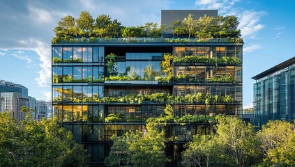 Vertical Greenery: Modern Building Design with Integrated Plants and Rooftop Garden Thriving in Urban Setting